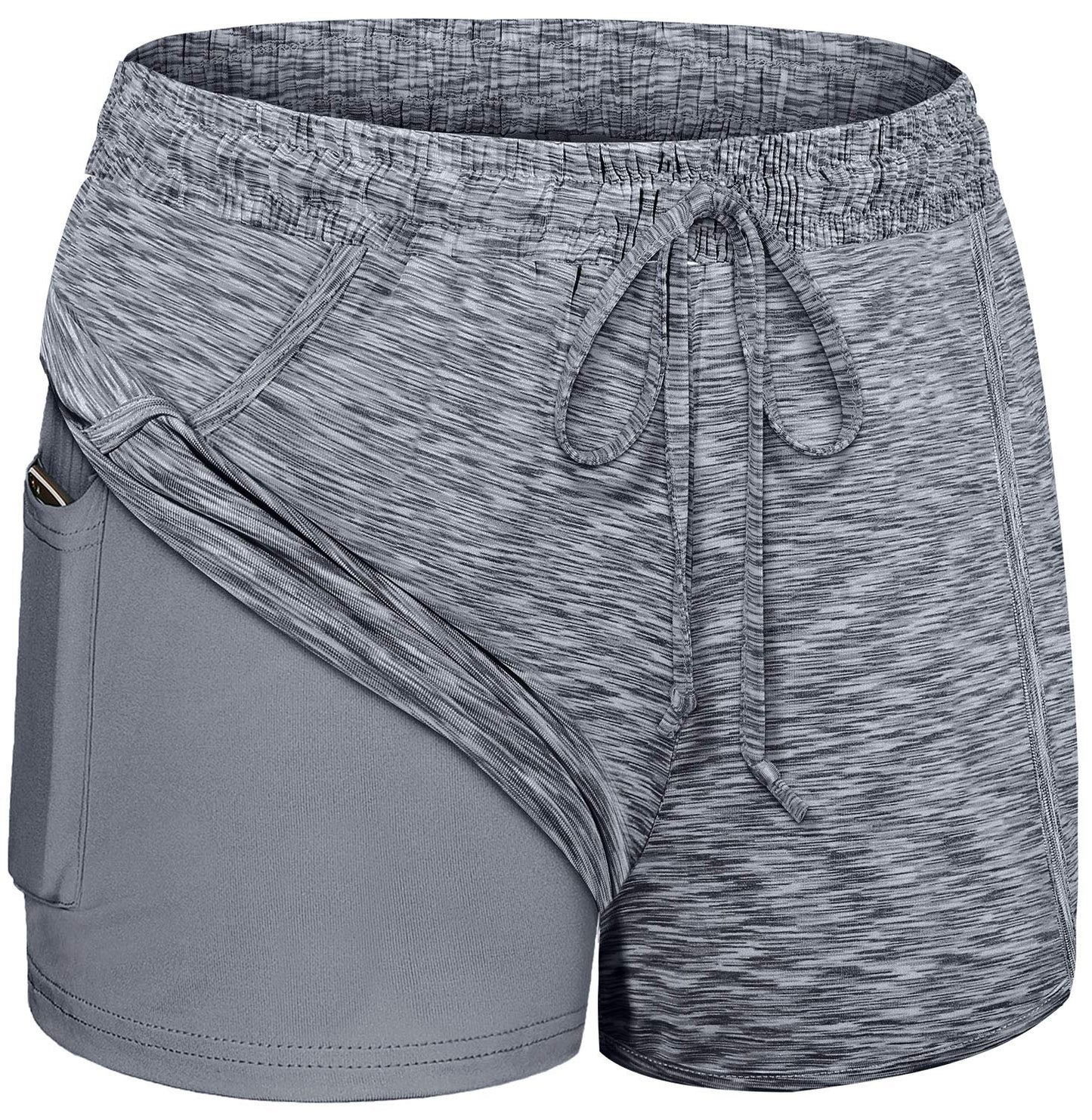 BLEVONH Women Yoga Running Shorts 2 in 1 Workout Athletic Shorts with Pockets Black Grey XL